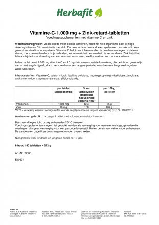 Vitamine-C-1.000 mg + Zink-retard-tabletten 180 tabletten